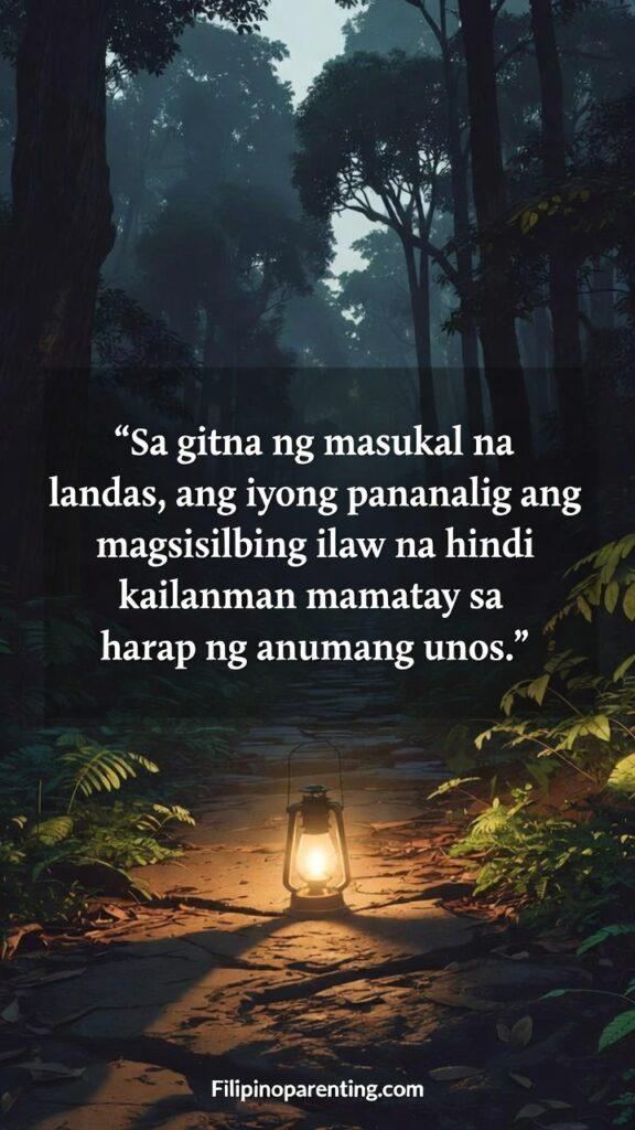 Heartfelt Tagalog Quotes for Courage in Life Trails: 5 Fearless Truths A glowing light guiding someone through a dense forest path.