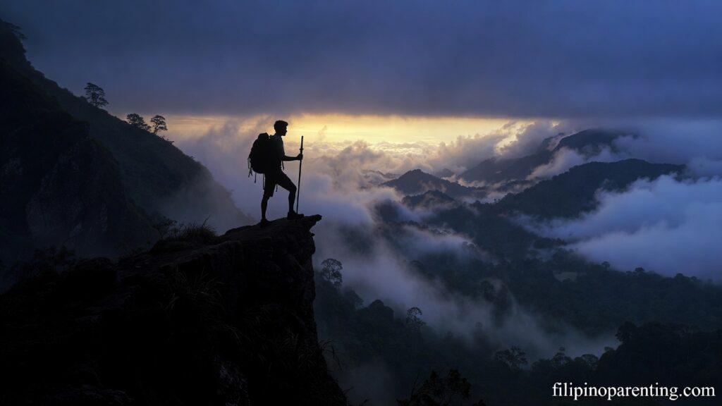 Heartfelt Tagalog Quotes for Courage in Life Trails: 5 Fearless Truths A lone traveler on a mountain ridge representing Heartfelt Tagalog Quotes for Courage in Life Trails.