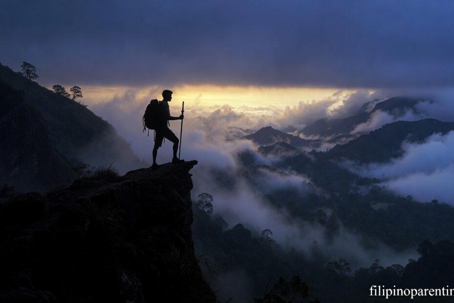 A lone traveler on a mountain ridge representing Heartfelt Tagalog Quotes for Courage in Life Trails.