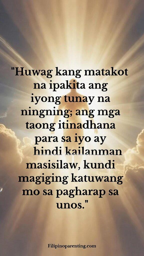 Heartfelt Tagalog Quotes on Being Seen and Soul: 5 Unforgettable Truths A glowing Filipino-inspired artwork showing inner radiance standing strong against a symbolic storm, with the Tagalog quote included.