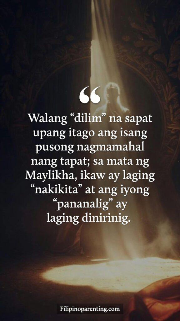 Heartfelt Tagalog Quotes on Being Seen and Soul: 5 Unforgettable Truths A spiritual Filipino-themed image showing divine light breaking through darkness, with the Tagalog quote about faith and being seen by the Creator.