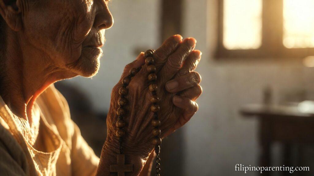 Heartfelt Tagalog Sayings Strength in Prayer: 5 Miraculous Truths Clasped hands with a rosary representing Heartfelt Tagalog Sayings Strength in Prayer.