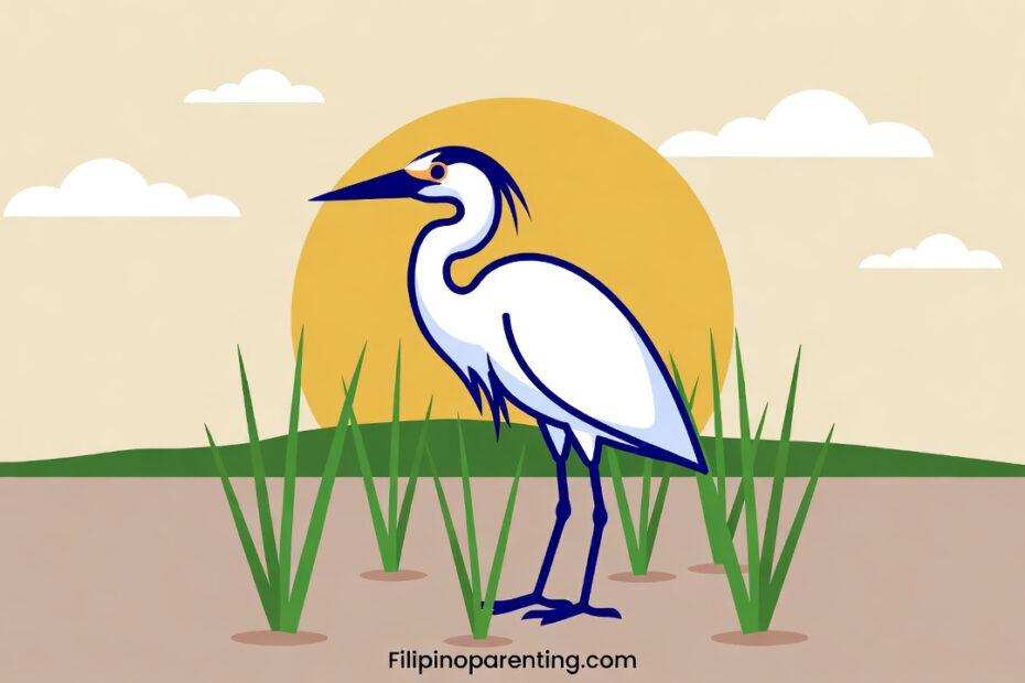 Cartoon illustration of a white heron (Tagak) in a rice field with a sunset background.