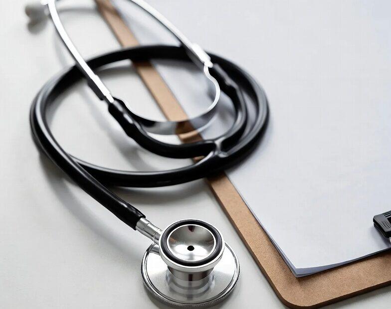 Medical objects representing Hospital in Tagalog such as a stethoscope and clipboard