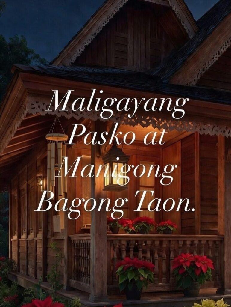 Maligayang Pasko Greetings: 50 Heartfelt Tagalog Ways to Say Merry Christmas Traditional Bahay Kubo heritage house with festive decorations and a capiz lantern for Maligayang Pasko greetings and rural Filipino New Year traditions.