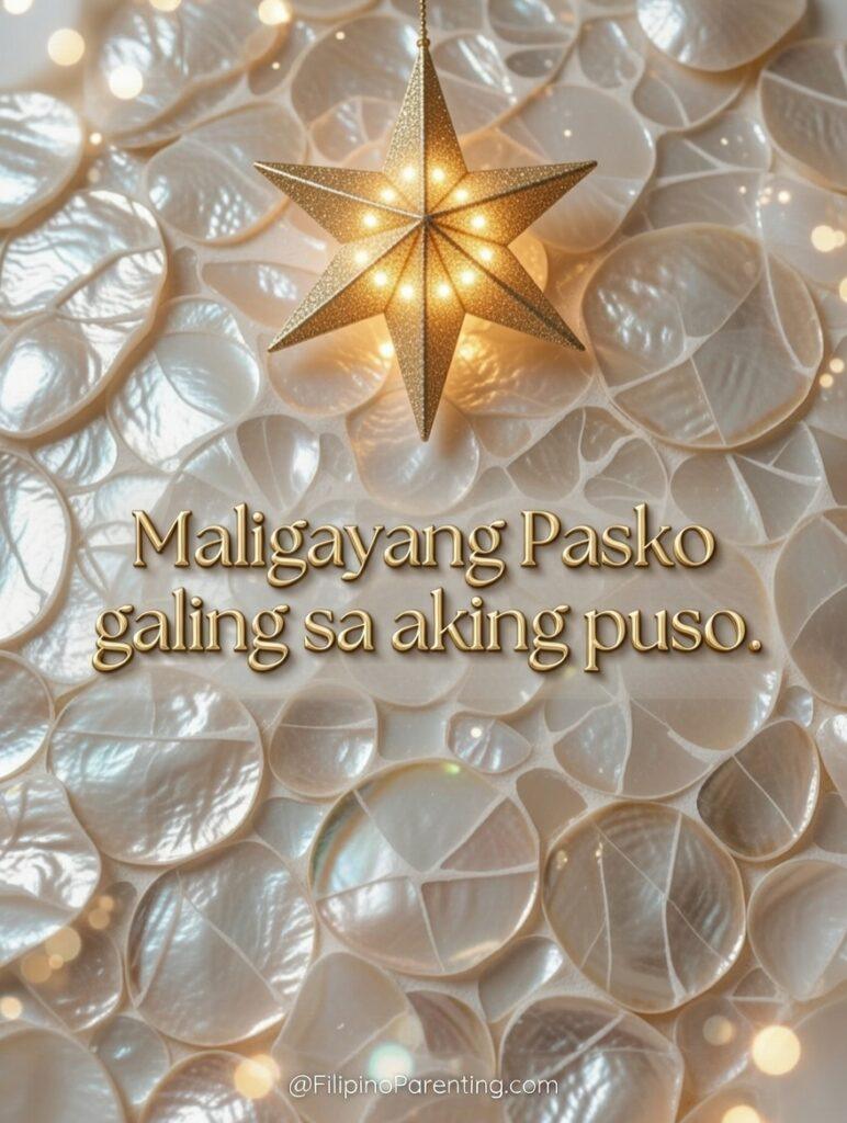 Maligayang Pasko Greetings: 50 Heartfelt Tagalog Ways to Say Merry Christmas Golden star Parol lantern on a Capiz shell background for Maligayang Pasko greetings and traditional Filipino shell-craft holiday traditions.