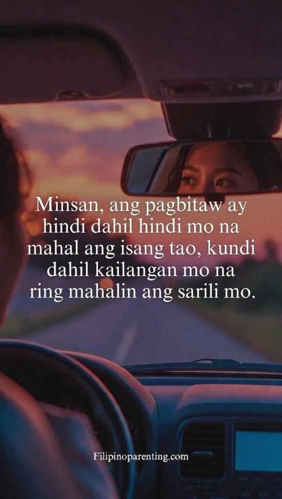 Hugot Tagalog Quotes About Love and Letting Go: 5 Raw and Powerful Lines A woman looking at her reflection in a rearview mirror while driving away at sunset, featuring a Tagalog quote about self-love.