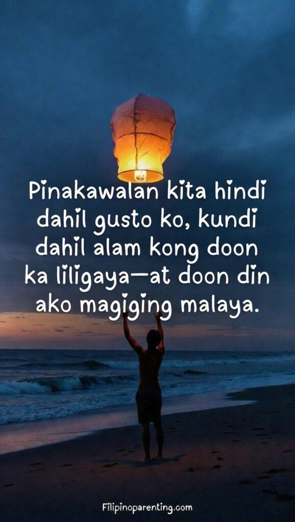 Hugot Tagalog Quotes About Love and Letting Go: 5 Raw and Powerful Lines A silhouette of a person releasing a lantern into the night sky on a beach, with a Tagalog quote about letting go for happiness.