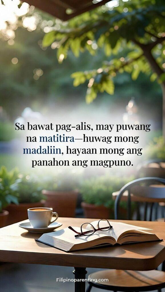 Hugot Tagalog Quotes About Love and Letting Go: 5 Raw and Powerful Lines An empty coffee cup and a book sitting on a table in a quiet garden café at sunrise, with a Tagalog quote about healing over time.