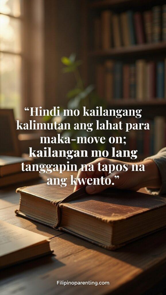 Hugot Tagalog Quotes About Love and Letting Go: 5 Raw and Powerful Lines A hand closing a thick leather-bound journal, symbolizing acceptance, featuring a Tagalog quote about moving on.