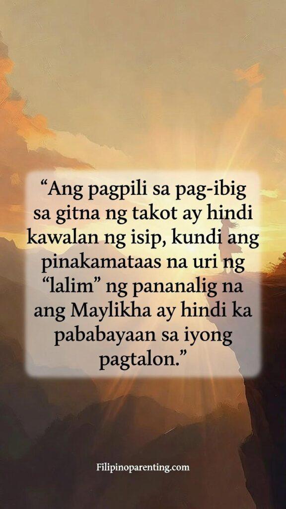 Hugot Tagalog Quotes: Love vs Fear Leap of Faith: 5 Unstoppable Truths Inspirational vertical image of a person facing sunrise with a Tagalog faith quote about choosing love over fear.