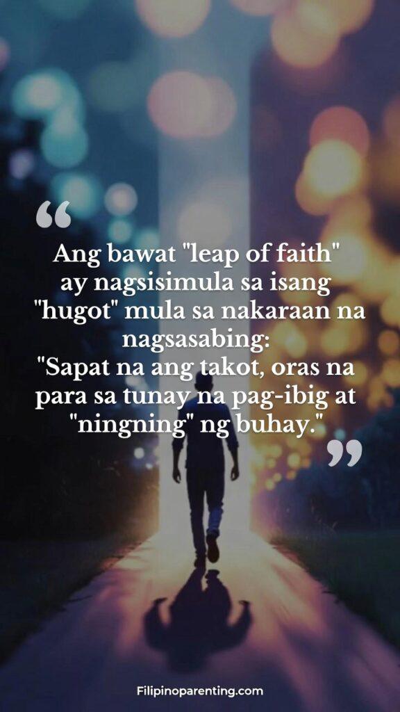 Hugot Tagalog Quotes: Love vs Fear Leap of Faith: 5 Unstoppable Truths Vertical image of a person walking toward light with a Tagalog quote about leaving fear behind.
