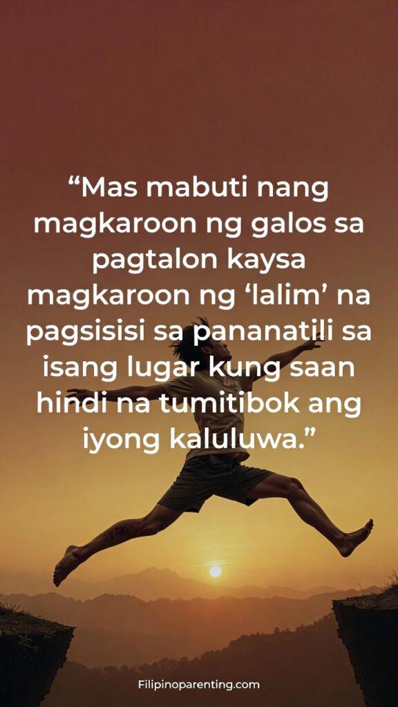 Hugot Tagalog Quotes: Love vs Fear Leap of Faith: 5 Unstoppable Truths Vertical inspirational image of a brave jump with a Tagalog quote about choosing courage over regret.