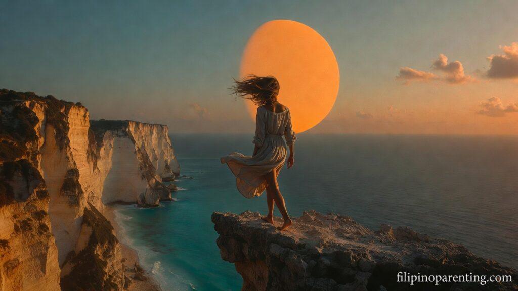 Hugot Tagalog Quotes: Love vs Fear Leap of Faith: 5 Unstoppable Truths A woman standing on a cliff edge representing Hugot Tagalog Quotes: Love vs Fear Leap of Faith.