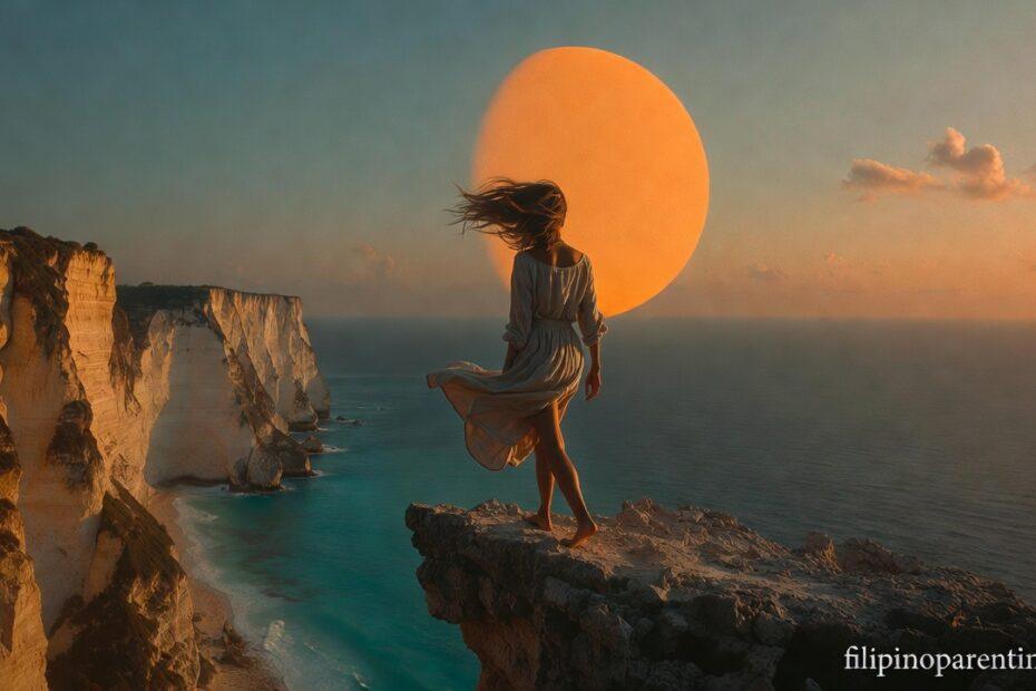 A woman standing on a cliff edge representing Hugot Tagalog Quotes: Love vs Fear Leap of Faith.
