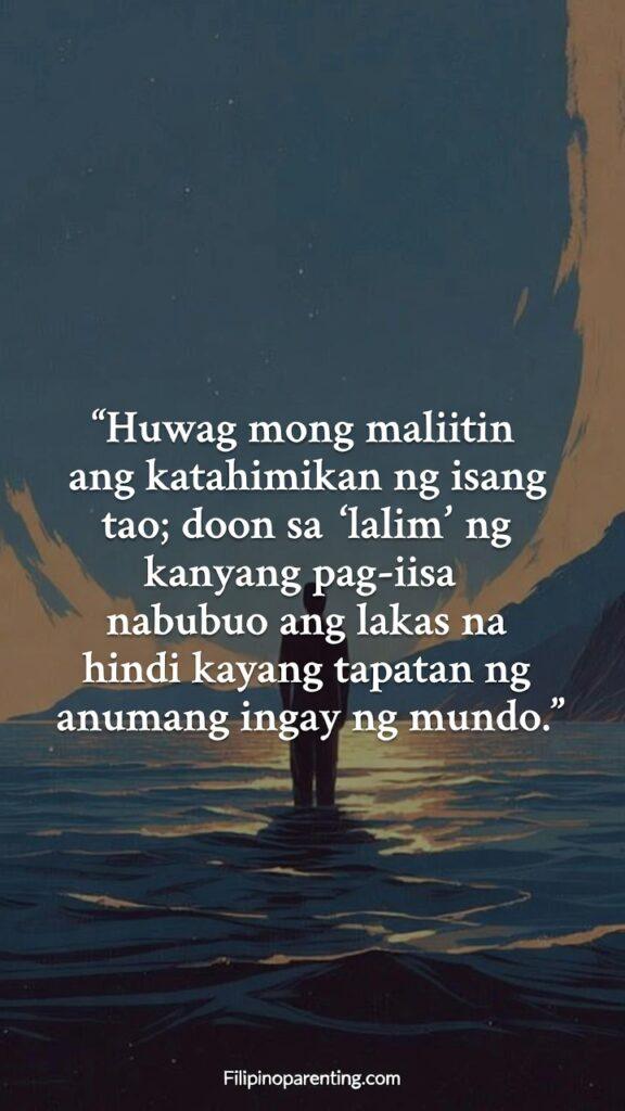 Hugot Tagalog Quotes Quiet Resilient Heart: 5 Unstoppable Truths Vertical contemplative artwork showing a quiet solitary scene with the Tagalog quote about inner strength.