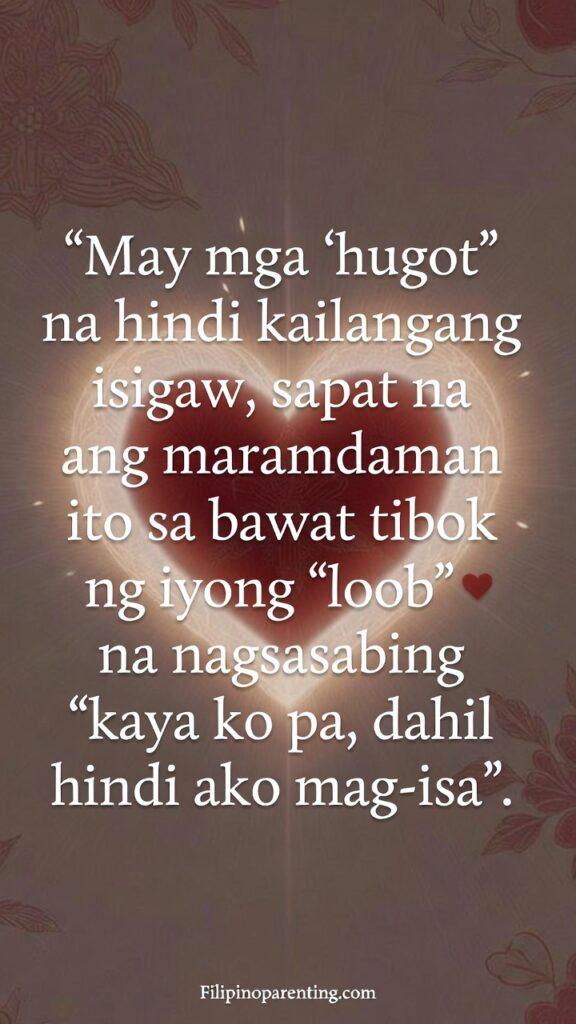 Hugot Tagalog Quotes Quiet Resilient Heart: 5 Unstoppable Truths Vertical emotional artwork with warm tones showing inner strength and the Tagalog quote.