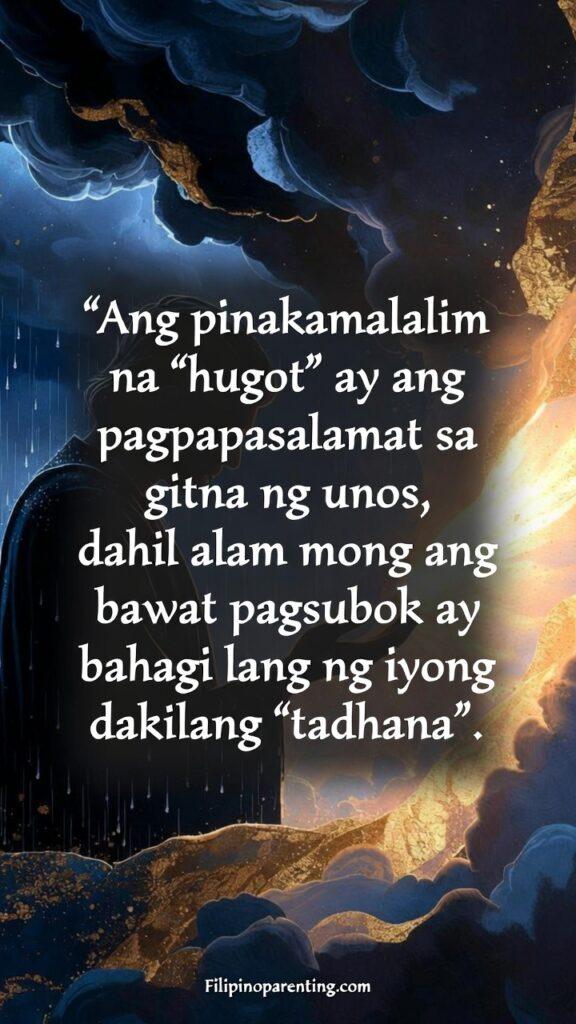 Hugot Tagalog Quotes Quiet Resilient Heart: 5 Unstoppable Truths Vertical inspirational artwork showing light emerging from a storm, with the Tagalog quote about gratitude and destiny.