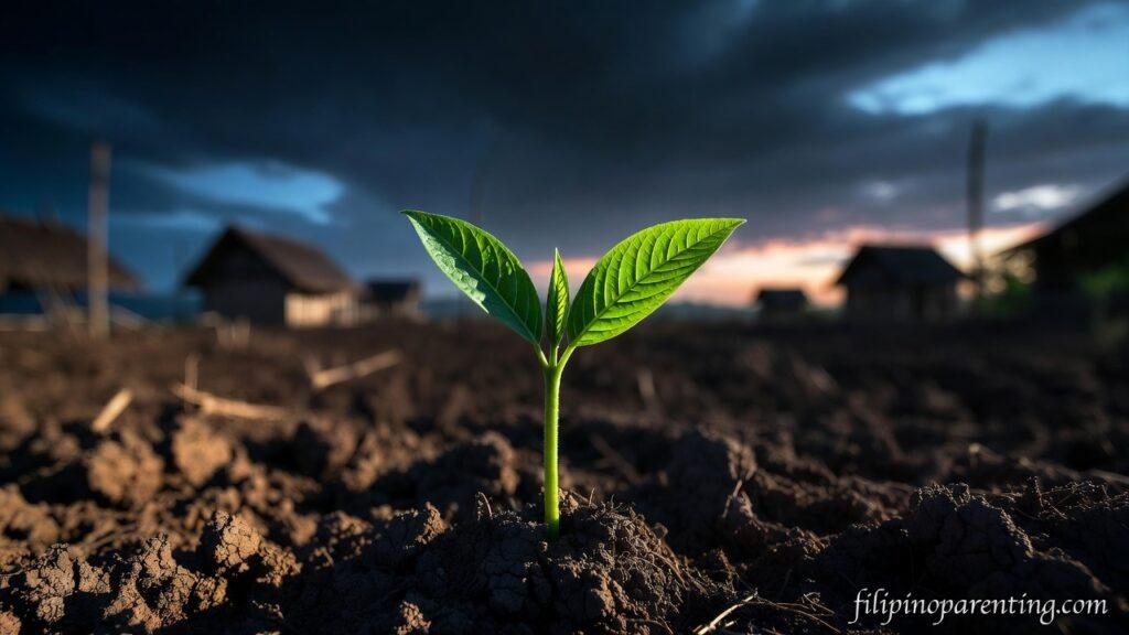Hugot Tagalog Quotes Quiet Resilient Heart: 5 Unstoppable Truths A sprout growing from cracked earth representing Hugot Tagalog Quotes Quiet Resilient Heart.