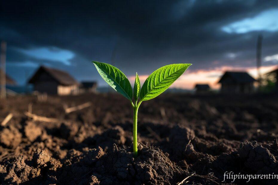 A sprout growing from cracked earth representing Hugot Tagalog Quotes Quiet Resilient Heart.