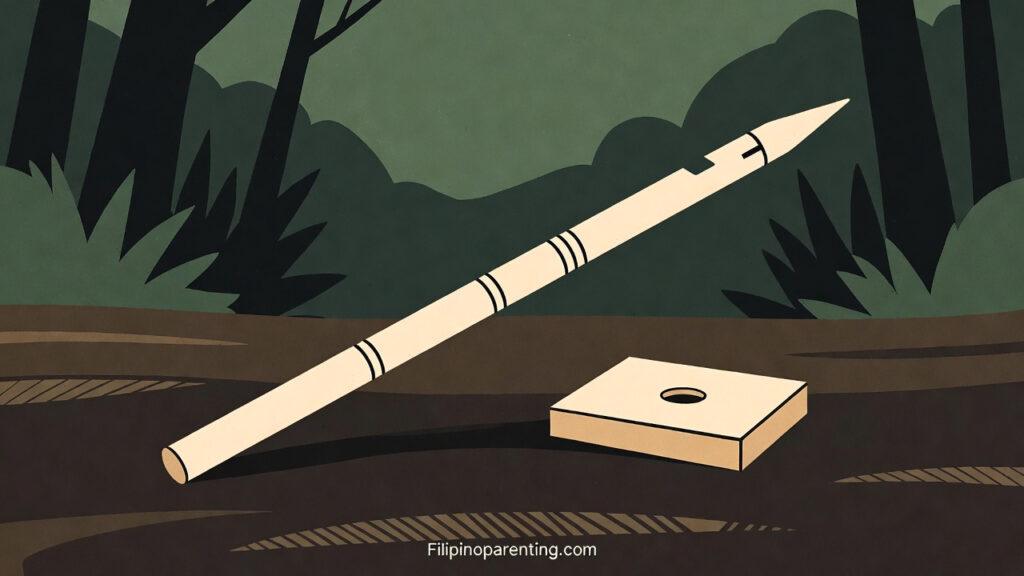Hunting in Tagalog: 15 Essential & Beautiful Vocabulary Words for Beginners Hunting in Tagalog: A stylized vector illustration of a traditional blowgun (sumpit) and its wooden base in a jungle setting.