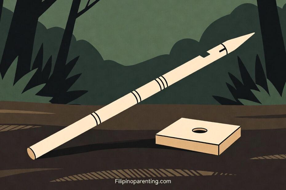 Hunting in Tagalog: A stylized vector illustration of a traditional blowgun (sumpit) and its wooden base in a jungle setting.