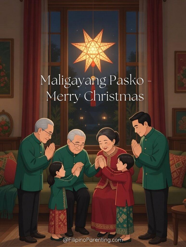 Maligayang Pasko Greetings: 50 Heartfelt Tagalog Ways to Say Merry Christmas Multi-generational family practicing Pagmamano under a Parol lantern for Maligayang Pasko greetings and traditional Filipino family values.