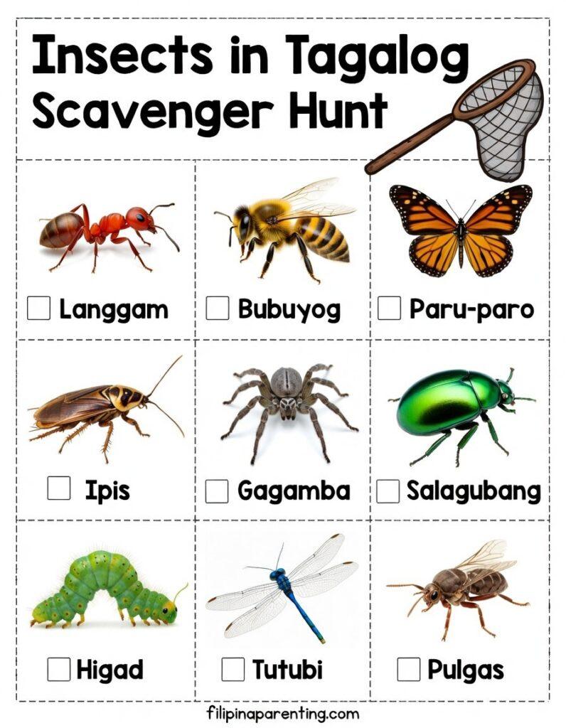 25 Helpful Insect Names in Tagalog (Mga Insekto with English Translation Guide) Tagalog vocabulary scavenger hunt chart featuring common insects like langgam, bubuyog, and paru-paro for Filipino language learners.