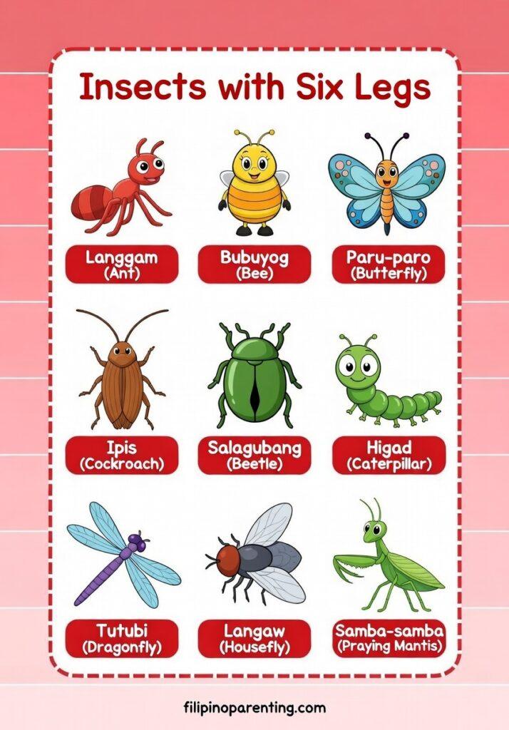25 Helpful Insect Names in Tagalog (Mga Insekto with English Translation Guide) Educational chart showing nine insects with six legs in Tagalog and English, including Langgam, Bubuyog, and Samba-samba for Filipino language learners.