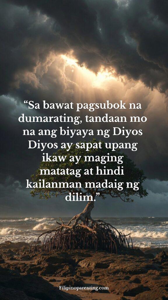 Inspirational Tagalog Quotes for Inner Strength: 5 Unbreakable Truths Vertical image showing a solitary sturdy tree standing firm against dark storm clouds, with a light from above, featuring Tagalog text on spiritual grace.