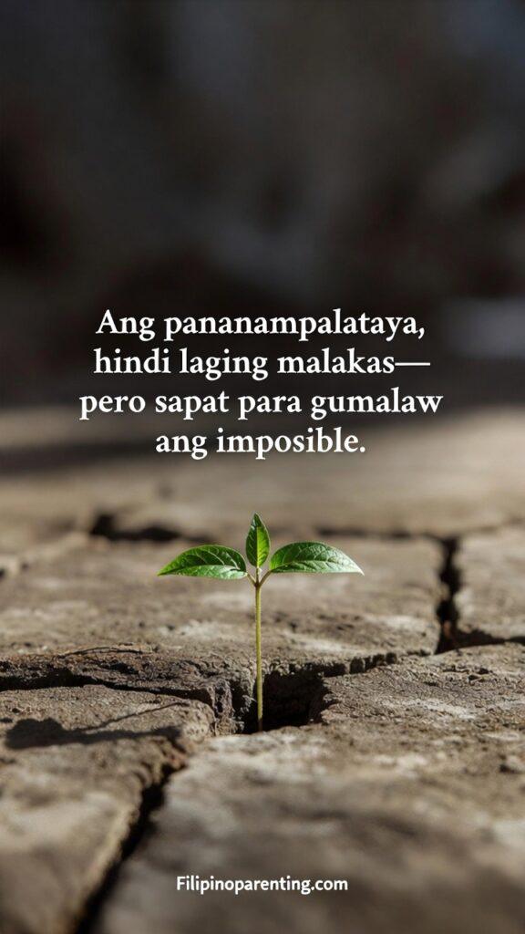 Inspirational Tagalog Quotes for Inner Strength: 5 Unstoppable Lines of Faith A vertical close-up of a small green sprout pushing through a crack in dry, hard ground.