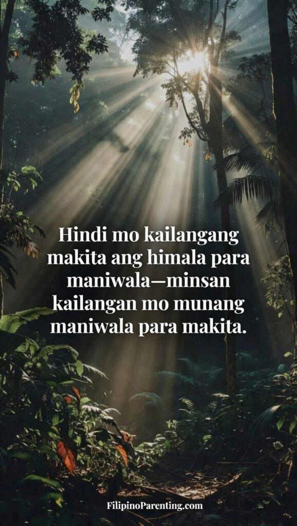 Inspirational Tagalog Quotes for Inner Strength: 5 Unstoppable Lines of Faith A vertical ethereal forest scene with light rays (God rays) filtering through tall trees into a clearing.