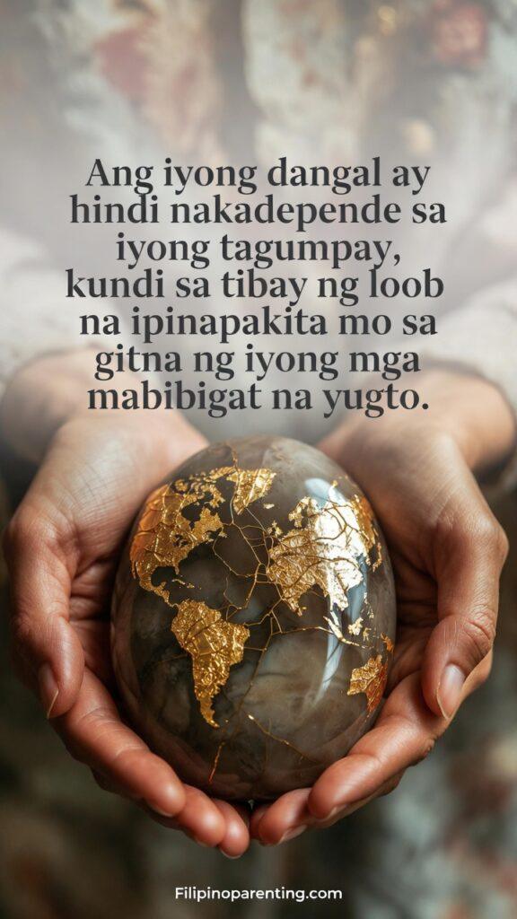 Inspirational Tagalog Quotes for Inner Strength: 5 Unbreakable Truths Close up of hands holding a weathered but beautiful piece of gold-repaired pottery (Kintsugi style).