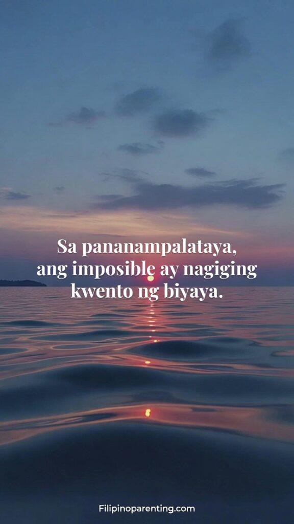 Inspirational Tagalog Quotes for Inner Strength: 5 Unstoppable Lines of Faith A vertical peaceful ocean scene at sunrise with calm waves reflecting pink and orange hues.