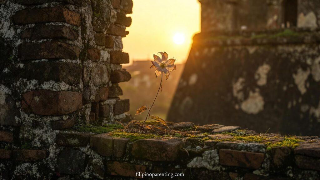 Inspirational Tagalog Quotes for Inner Strength: 5 Unbreakable Truths A flower growing from stone representing Inspirational Tagalog Quotes for Inner Strength.