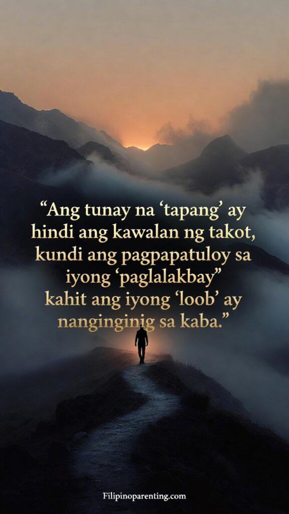 Inspirational Tagalog Quotes for Inner Strength: 5 Unbreakable Truths Vertical image of a solitary figure walking on a misty path, with a quote about continuing the journey in Tagalog.