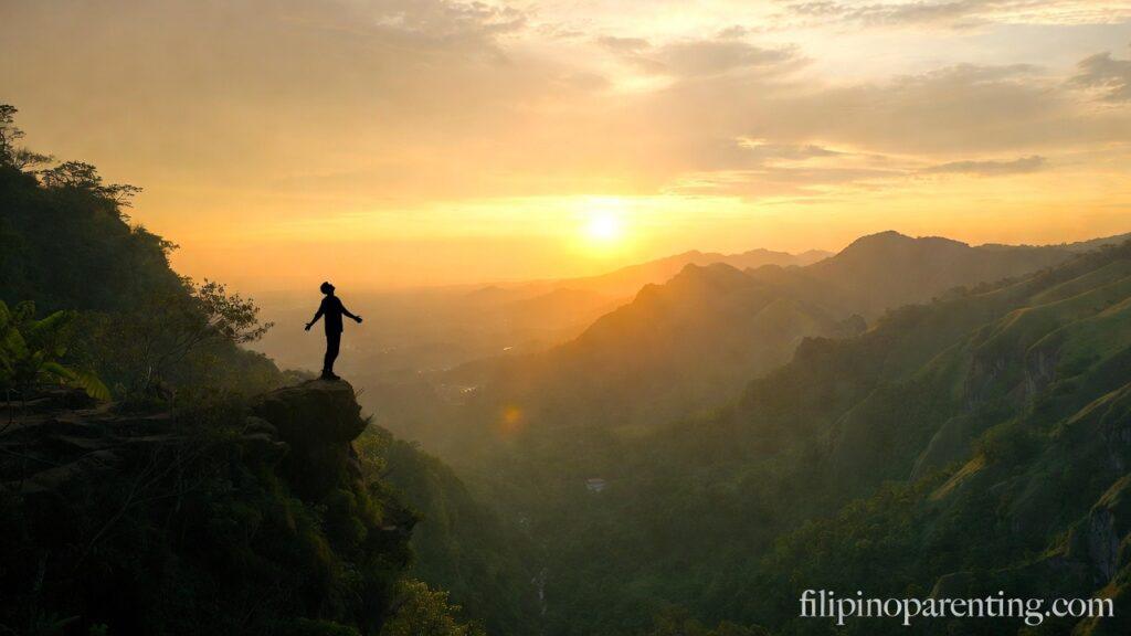 Inspirational Tagalog Quotes for Self-Worth and Pride: 5 Unstoppable Truths A person standing tall on a mountain peak representing Inspirational Tagalog Quotes for Self-Worth and Pride.