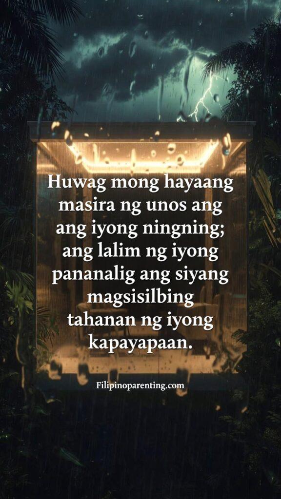 Inspirational Tagalog Quotes for Inner Strength: 5 Unbreakable Truths A glowing lantern or light source inside a glass house during a heavy rainstorm.