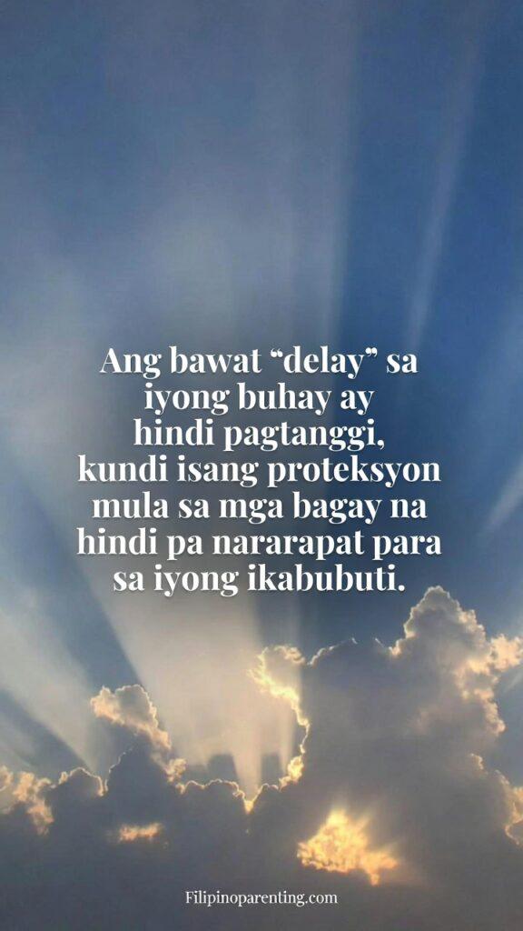 Inspirational Tagalog Sayings God’s Timing Trust: 5 Miraculous Truths Soft sky image with a Tagalog quote about delays being God’s protection.