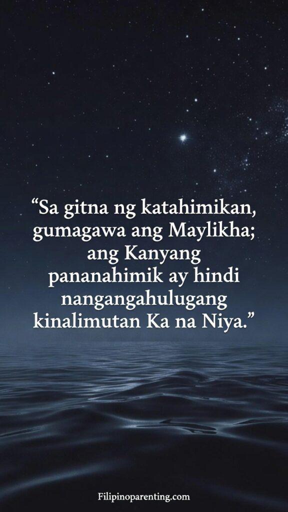 Inspirational Tagalog Sayings God’s Timing Trust: 5 Miraculous Truths Quiet night-sky image with a Tagalog quote about God working in silence.