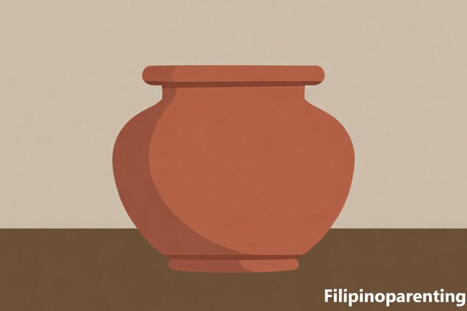 Jar in Tagalog: A traditional Banga clay jar used in Filipino culture for water storage and cooking.