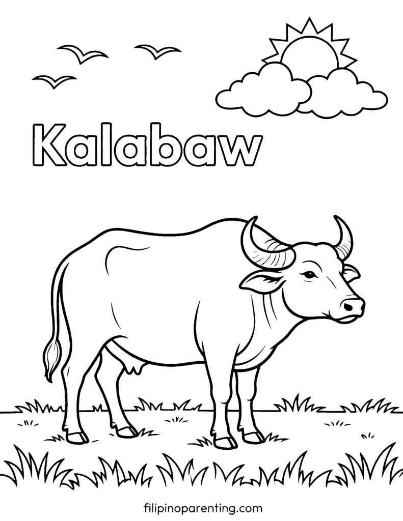 🖍️ 9 Free Kalabaw Coloring Pages (Printable Filipino Heritage Guide) Kalabaw in a field with birds in the sky coloring page for Filipino culture.