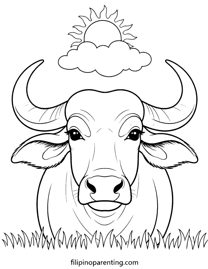 🖍️ 9 Free Kalabaw Coloring Pages (Printable Filipino Heritage Guide) Close-up Kalabaw coloring page with sun and clouds for Filipino heritage learners.