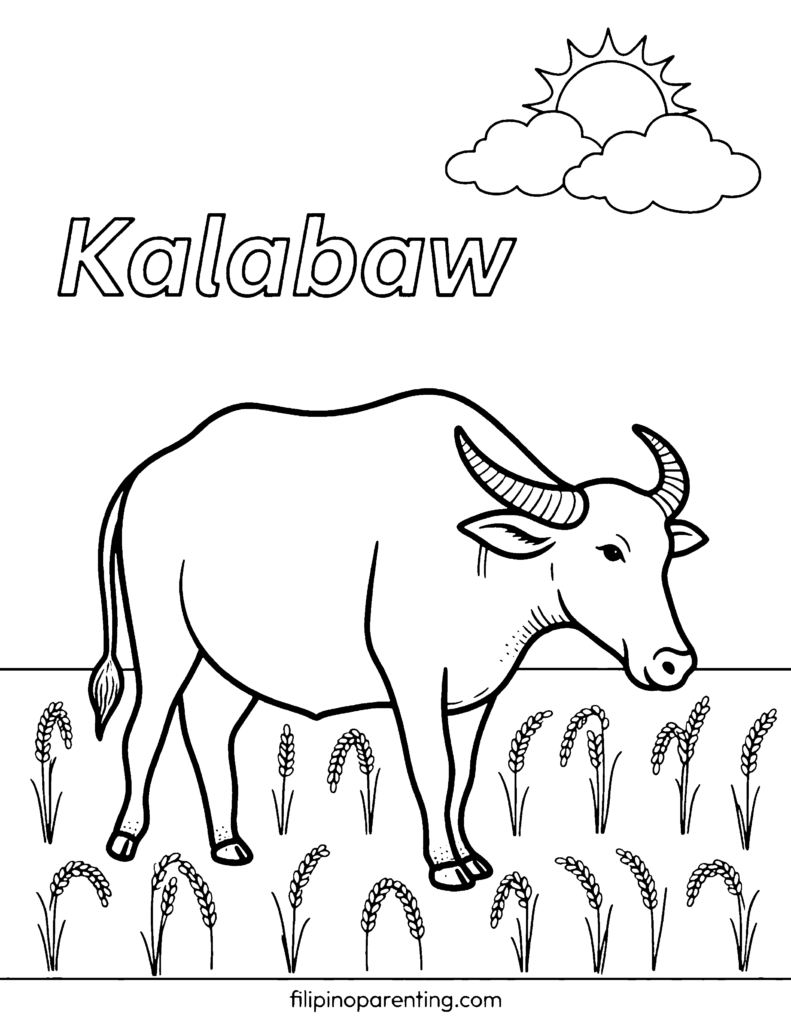 🖍️ 9 Free Kalabaw Coloring Pages (Printable Filipino Heritage Guide) Kalabaw in a rice field coloring page for Filipino culture and farming lessons.