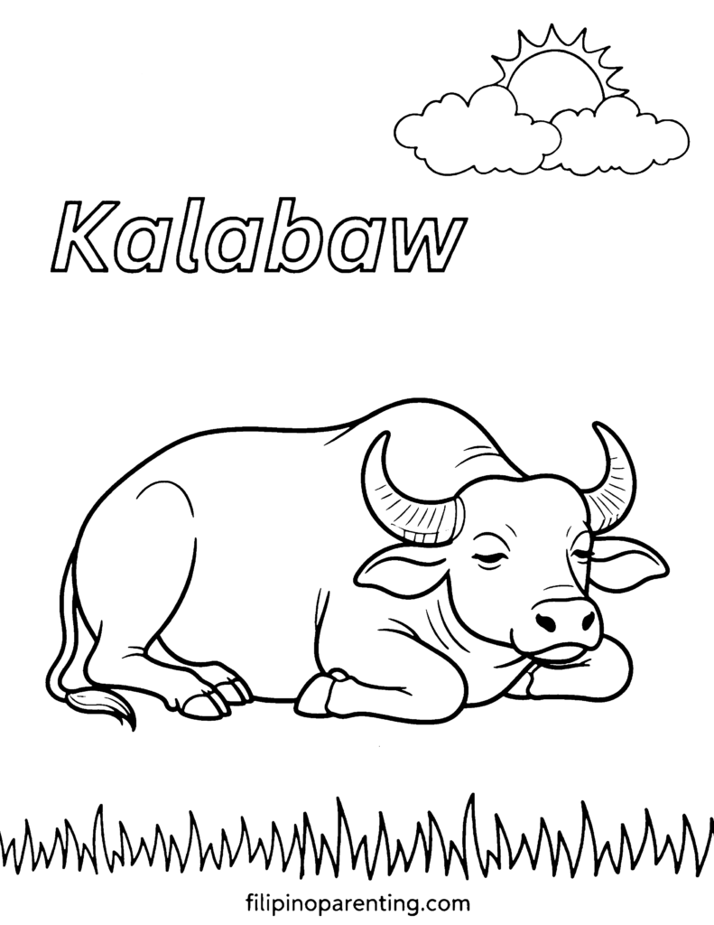 🖍️ 9 Free Kalabaw Coloring Pages (Printable Filipino Heritage Guide) Resting Kalabaw in the grass coloring page for Filipino culture learners.