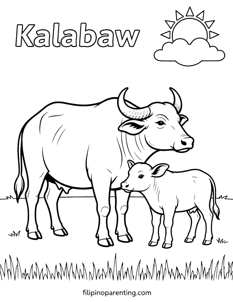 🖍️ 9 Free Kalabaw Coloring Pages (Printable Filipino Heritage Guide) Kalabaw with calf coloring page for families and Filipino culture learners.
