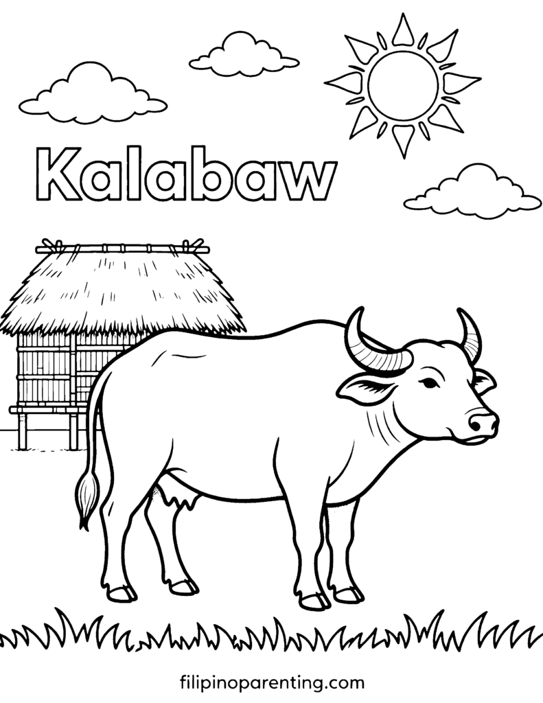 🖍️ 9 Free Kalabaw Coloring Pages (Printable Filipino Heritage Guide) Kalabaw in front of a Bahay Kubo coloring page for Filipino heritage lessons.