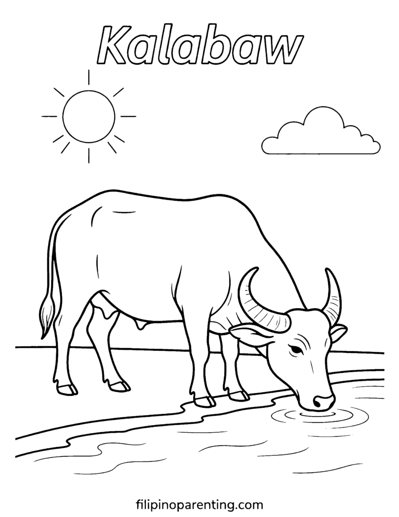 🖍️ 9 Free Kalabaw Coloring Pages (Printable Filipino Heritage Guide) Kalabaw drinking water from a river coloring page for Filipino nature lessons.