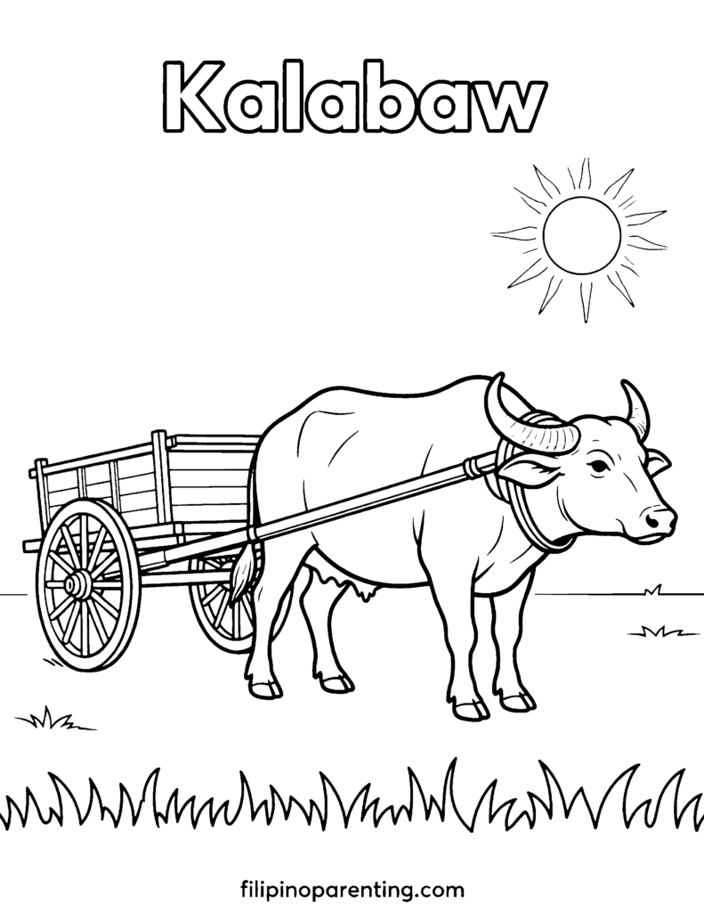 🖍️ 9 Free Kalabaw Coloring Pages (Printable Filipino Heritage Guide) Kalabaw pulling a traditional wooden cart coloring page for Filipino culture lessons.