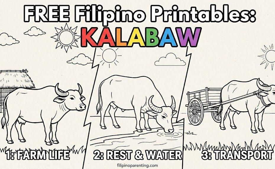 Free printable Kalabaw coloring pages featuring a carabao by a Bahay Kubo under a detailed sun and clouds for Filipino heritage learning.